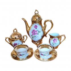 Serviciu cafea / ceai 7 piese (2 cești, 2 farfurii, ceainic, zaharniță și latieră) porțelan vintage decorat cu aur coloidal