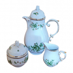 Set 3 piese (ceanic, zaharniță și latieră) vintage porțelan fin de Hollohaza Ungaria + CADOU 2 ceșcuțe